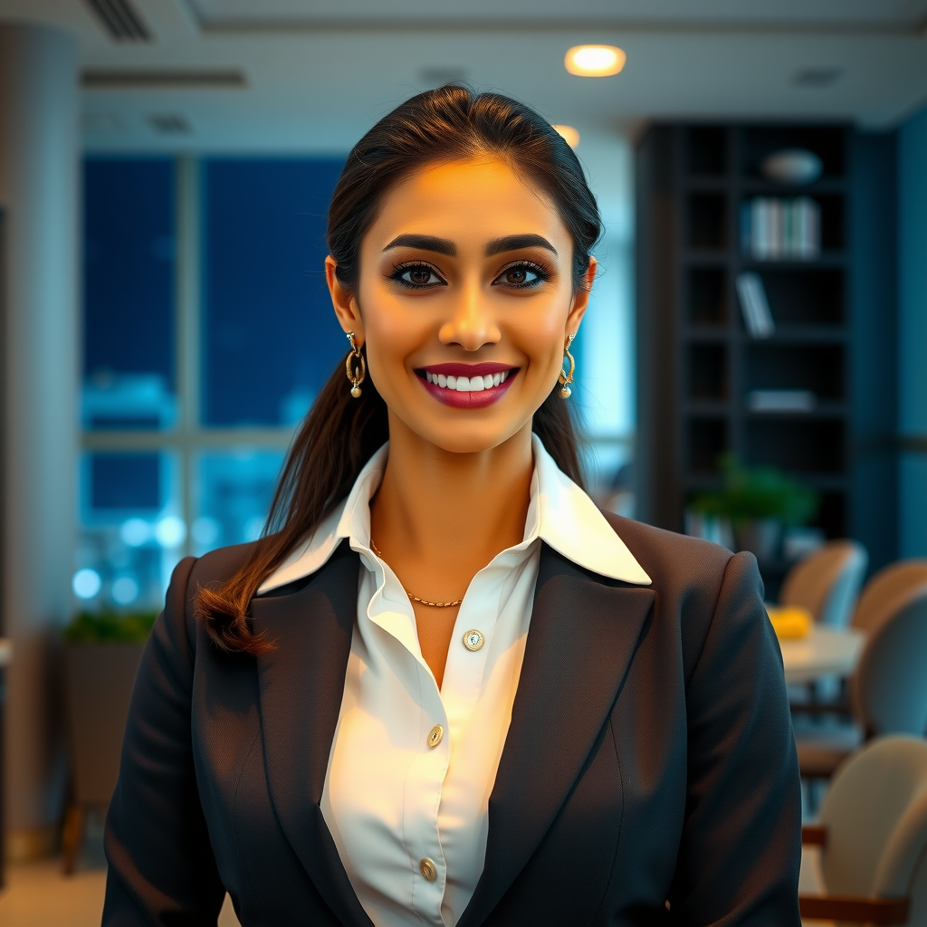 Portrait of Amira Hassan, General Manager of Sky Pool Aura Lounge, professional woman in elegant business attire with warm smile