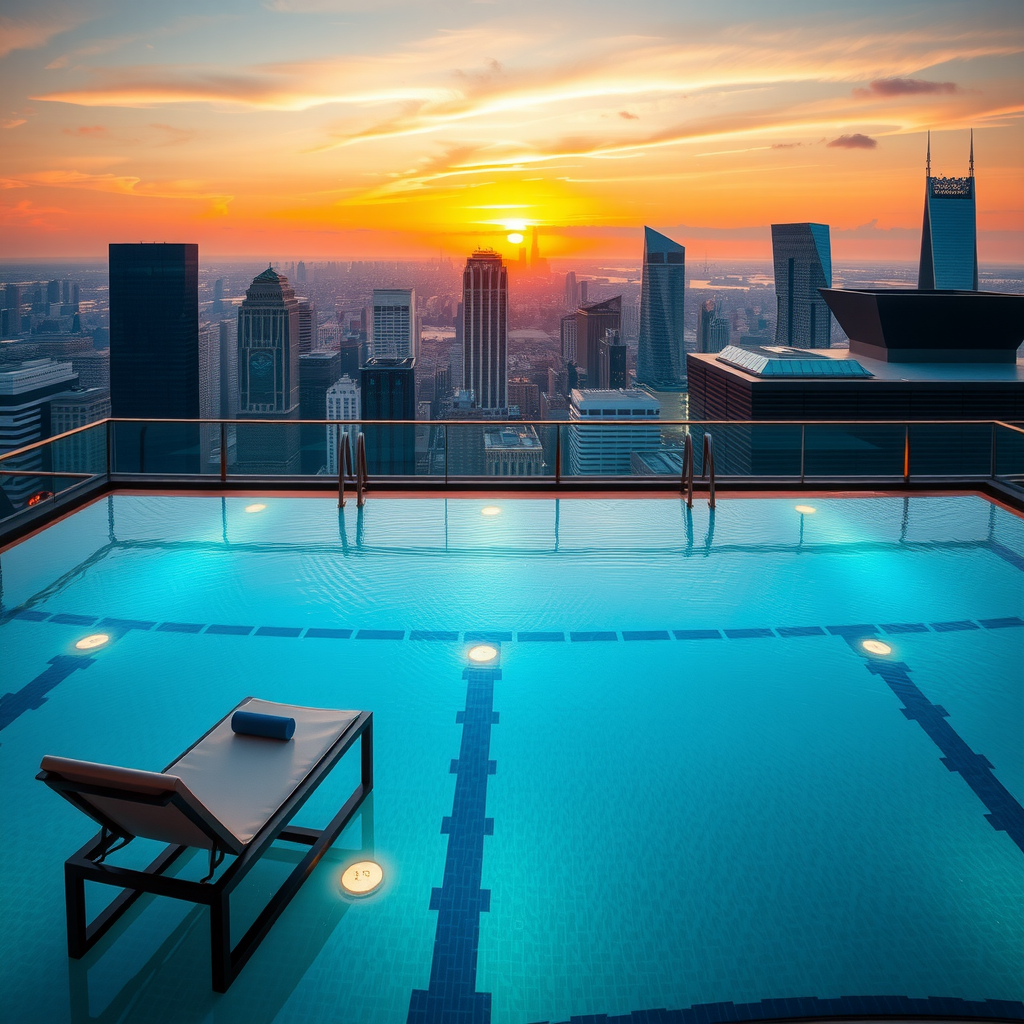 Luxurious rooftop infinity pool with panoramic city skyline views at sunset, featuring elegant lounge chairs and ambient lighting reflecting on crystal-clear water