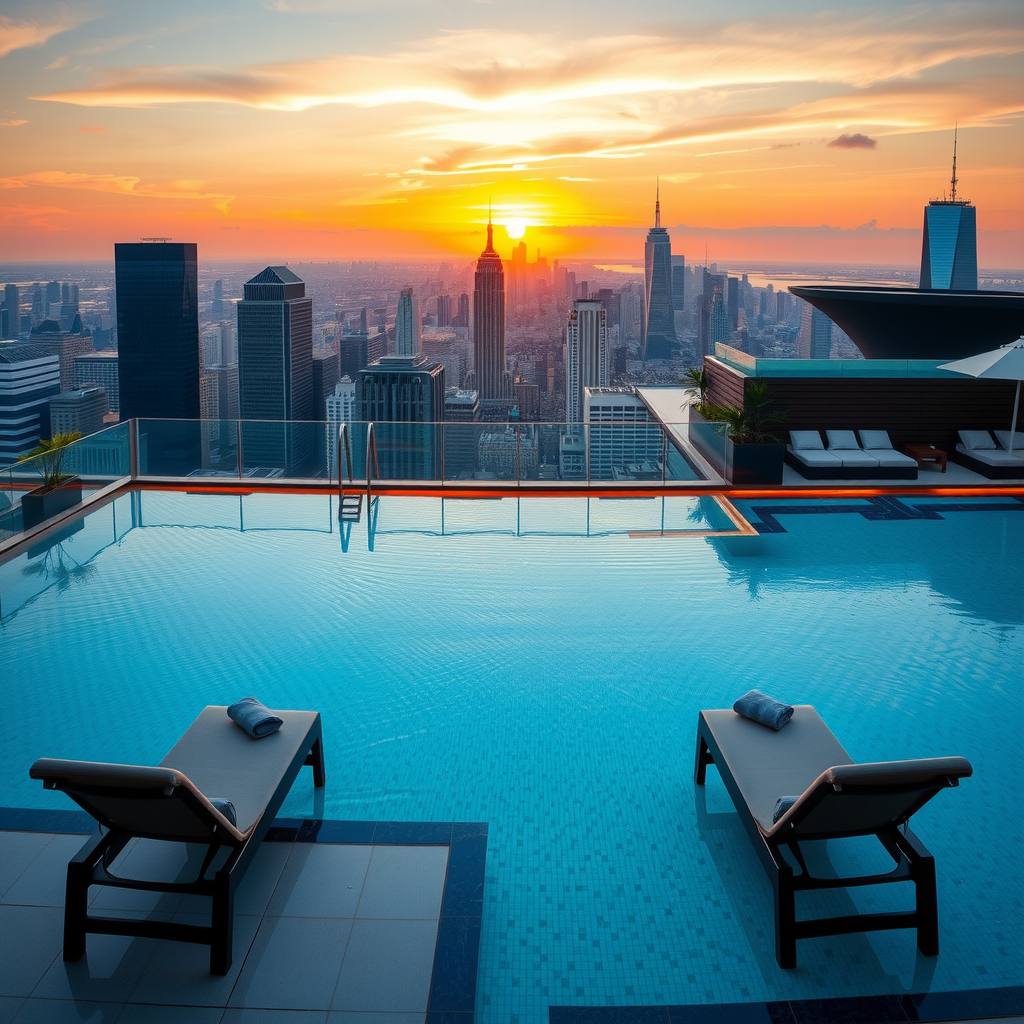 Luxurious rooftop infinity pool with panoramic city skyline views at sunset, modern lounge chairs, and elegant poolside atmosphere