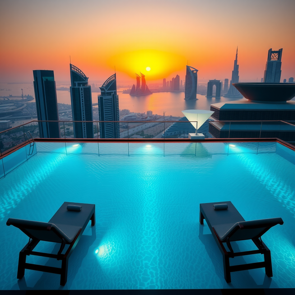 Stunning rooftop infinity pool overlooking Dubai skyline at sunset with luxurious lounge chairs and ambient lighting reflecting in crystal clear water