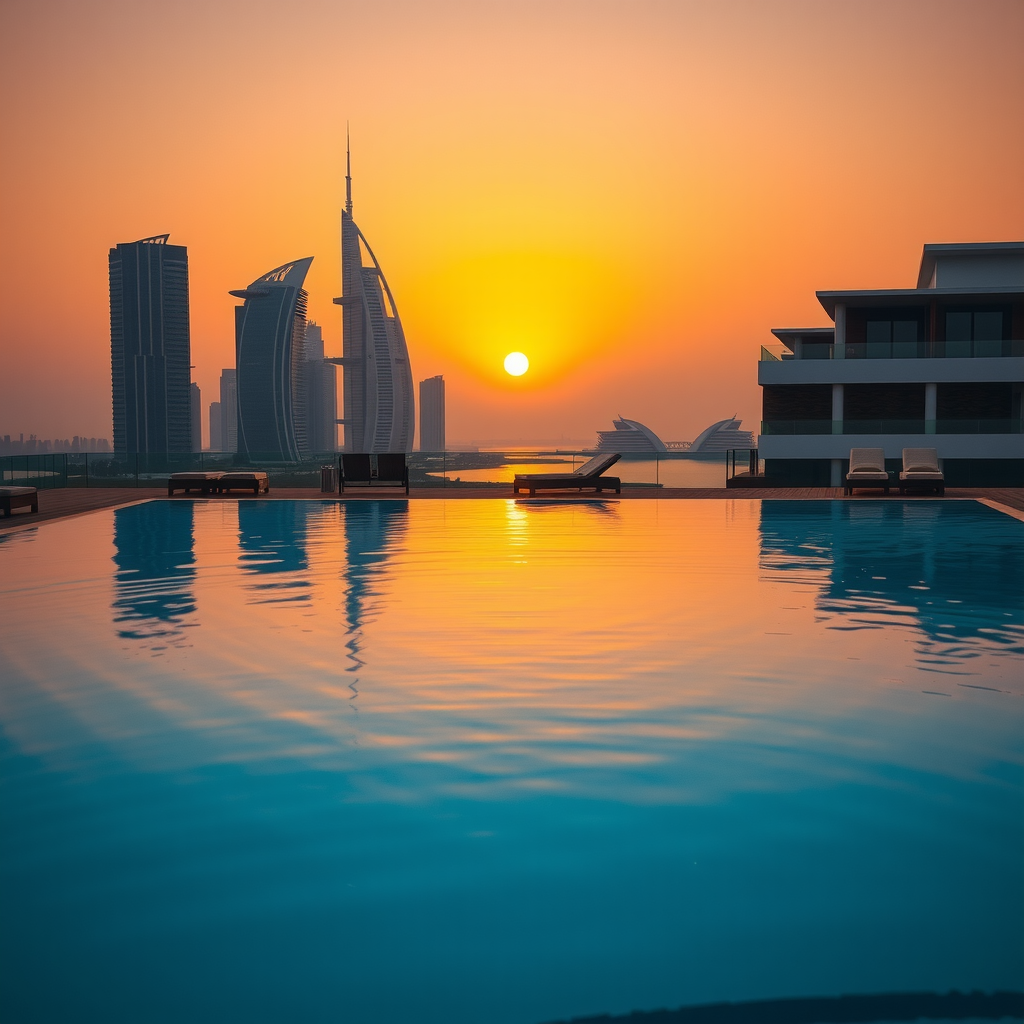 Stunning sunset view over luxury infinity pool with Dubai skyline silhouette in background, golden hour lighting, reflective water surface, elegant lounge chairs, warm orange and pink sky