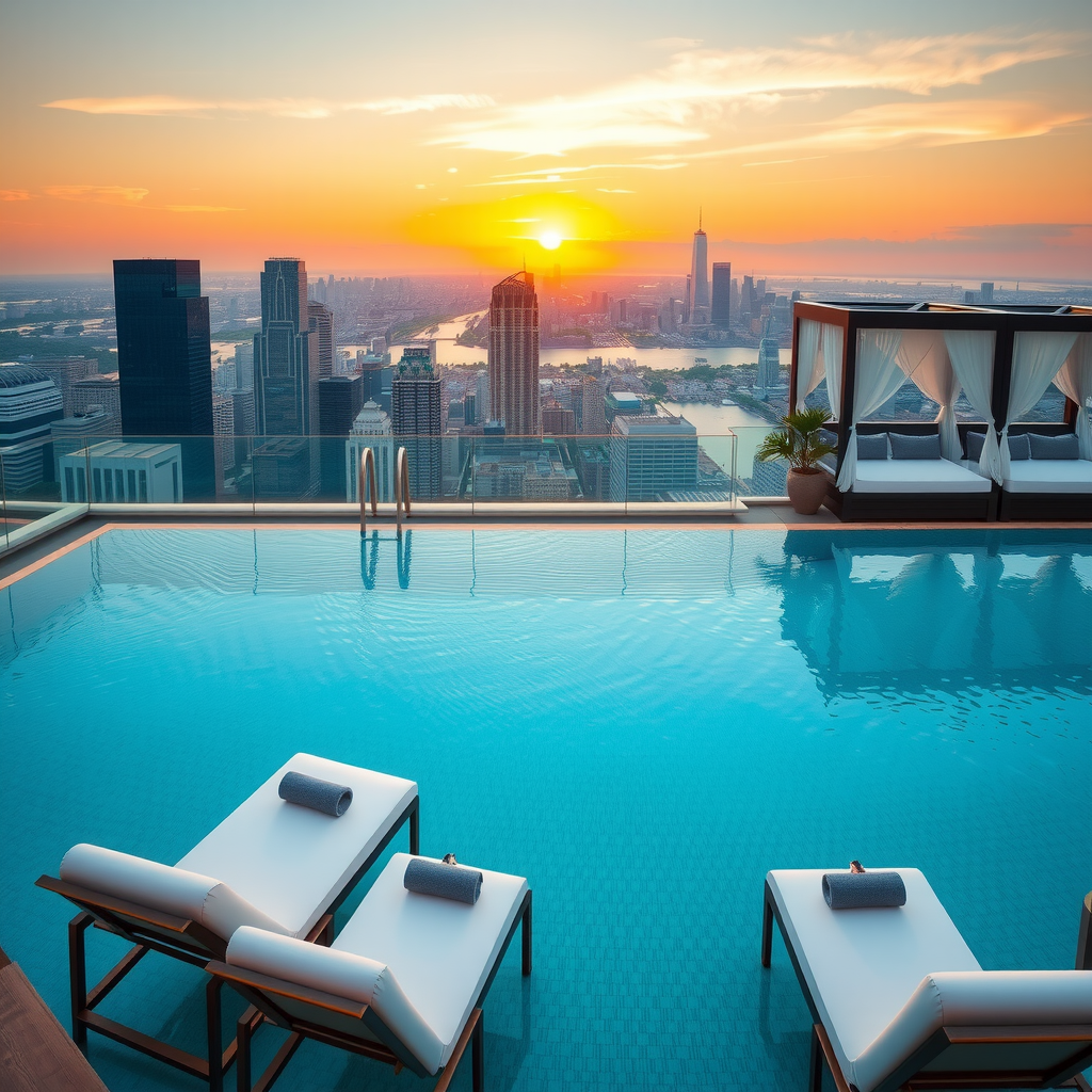 Elegant rooftop infinity pool with panoramic city skyline views at sunset, featuring pristine turquoise water, white luxury loungers with gold accents, and sophisticated poolside cabanas with flowing white curtains