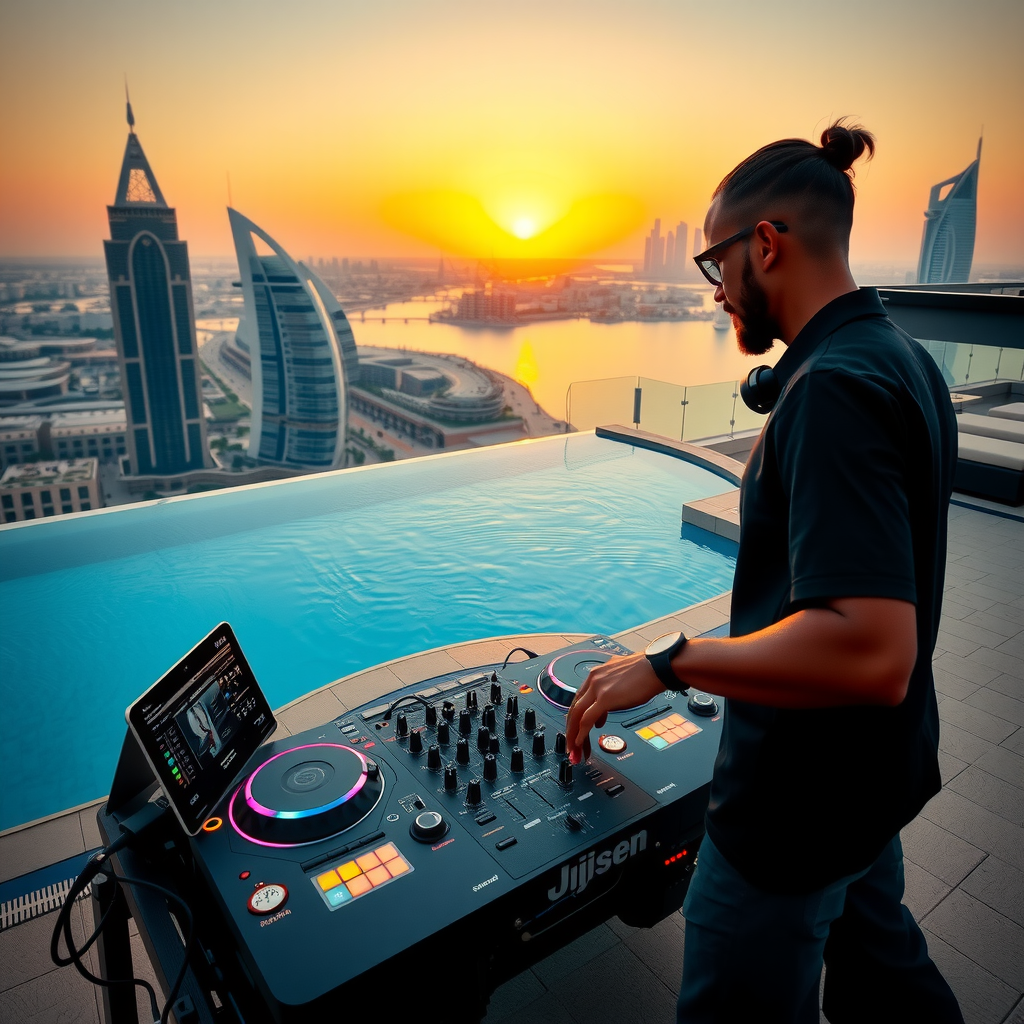 Professional DJ performing at luxurious rooftop infinity pool during golden hour, with modern turntables and mixing equipment, panoramic Dubai skyline in background, ambient lighting creating warm atmosphere, guests lounging on premium daybeds