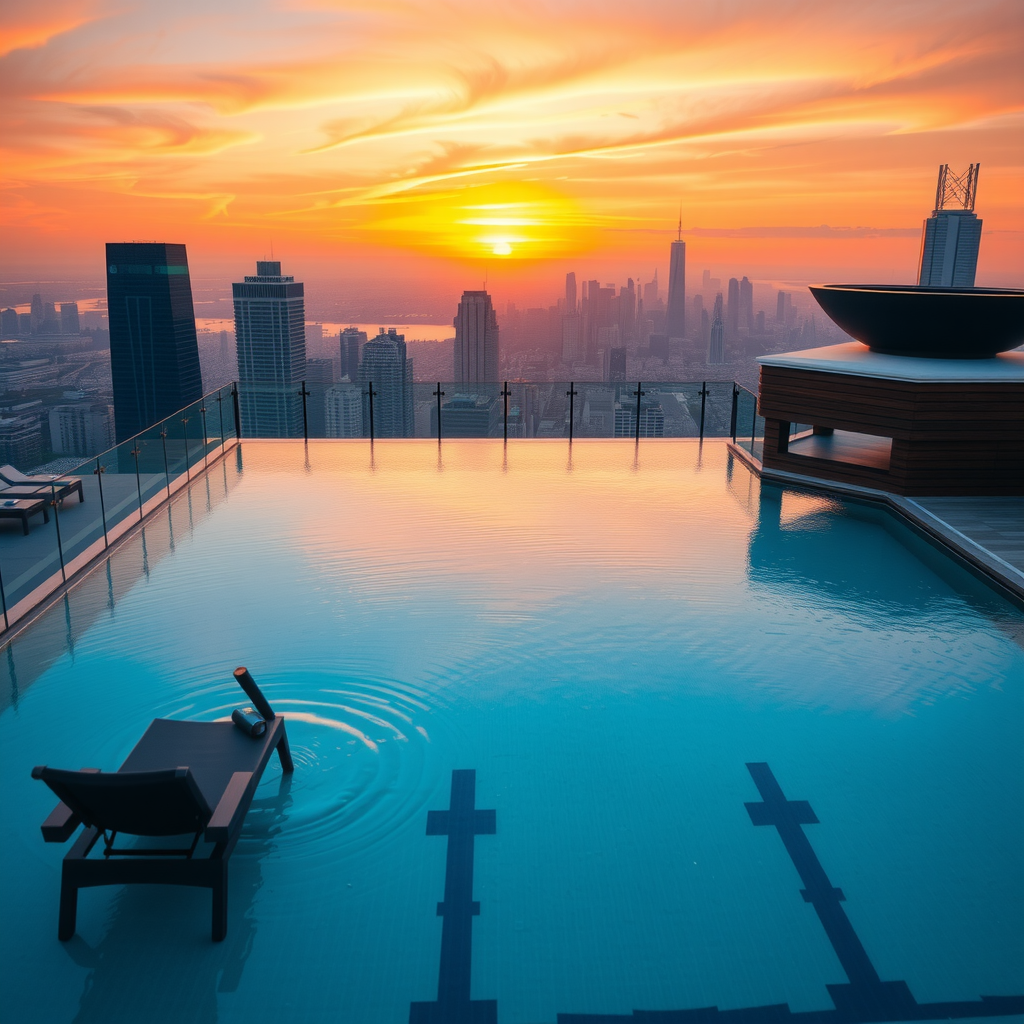 Stunning panoramic view of a luxury rooftop infinity pool at golden hour, with water reflecting the orange and pink sunset sky, modern lounge chairs arranged along the pool edge, and a dramatic city skyline visible in the distance