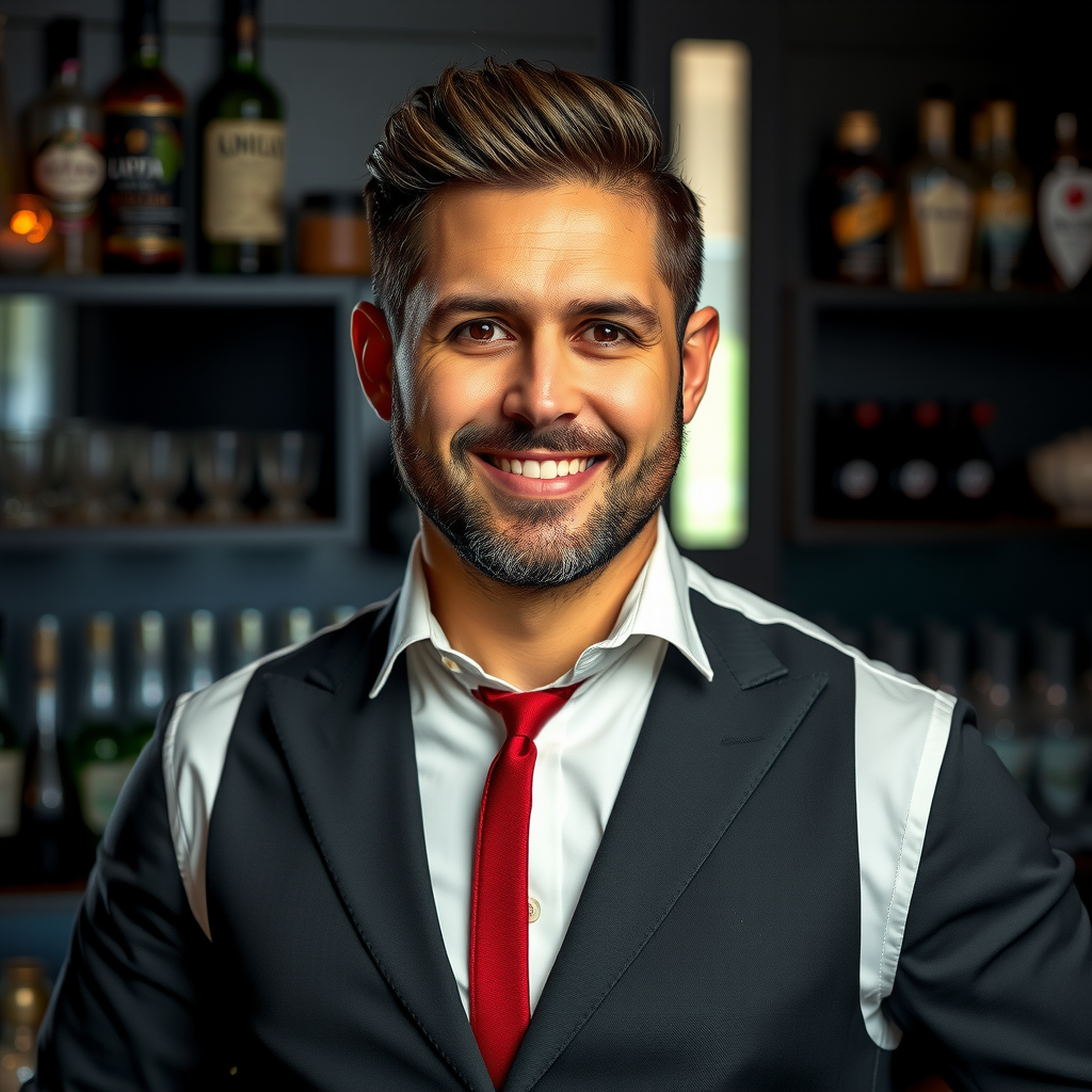 Portrait of Marco Bellini, Head Mixologist, charismatic man in professional bartender attire with confident expression