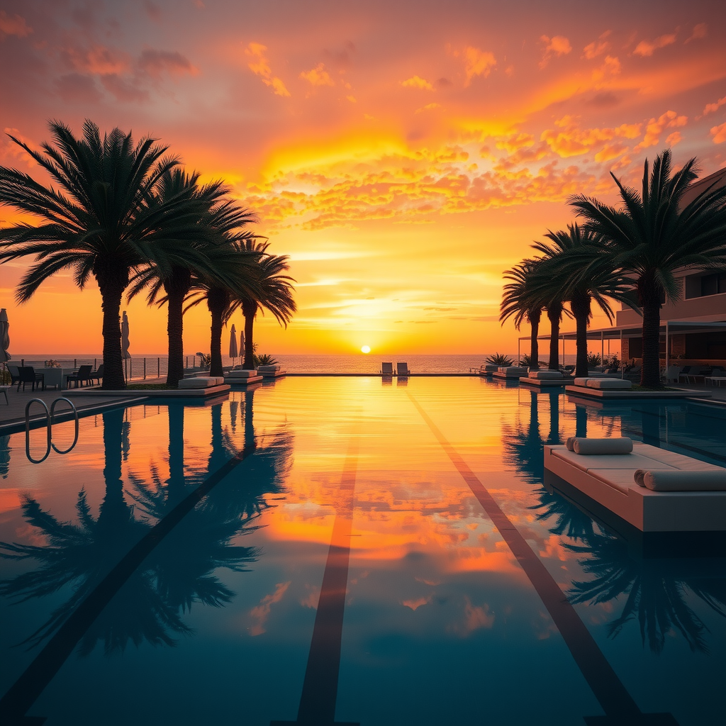Stunning golden hour sunset over aura sky pool with warm orange and pink sky reflecting on water surface, silhouettes of palm trees and elegant poolside furniture creating perfect ambiance