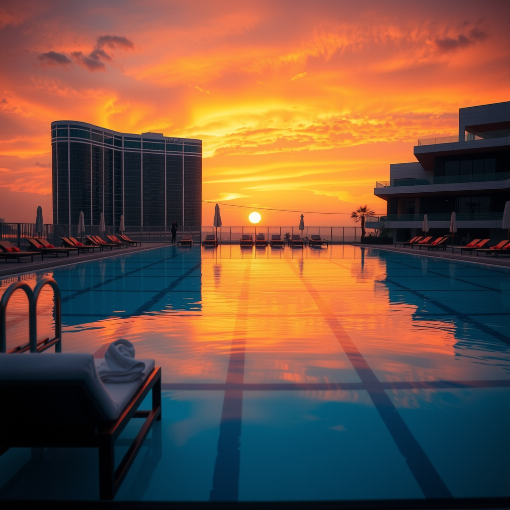 Stunning golden hour sunset over aura sky pool with warm orange and pink sky reflections on water, silhouettes of lounge chairs, and ambient lighting