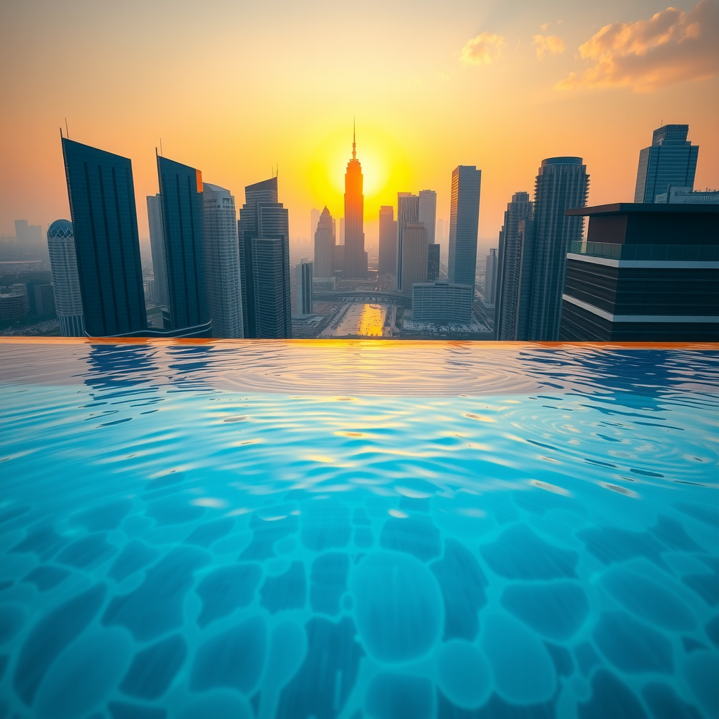Panoramic view from infinity pool edge showing seamless blend of pool water with city skyline during golden hour with reflections of buildings in the water