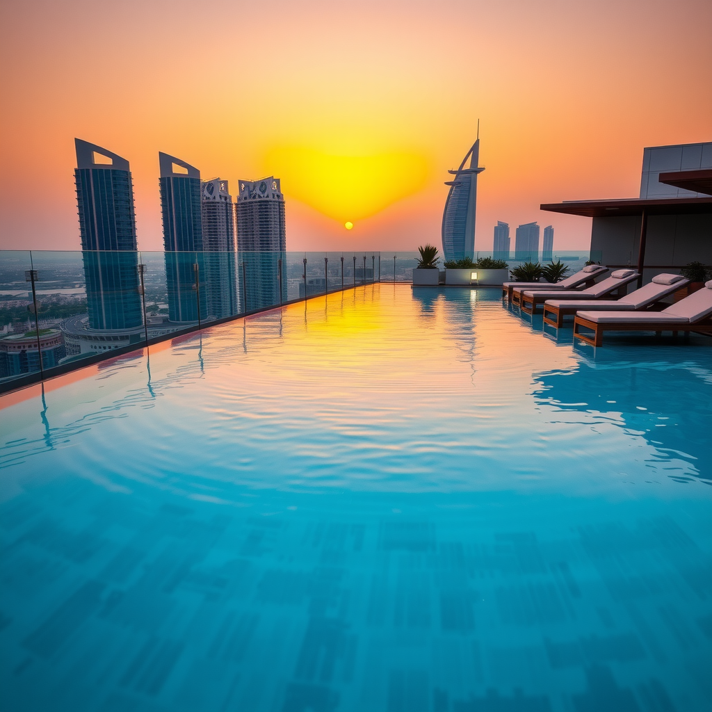 Wide angle view of infinity pool edge during golden hour, water reflecting orange and pink sunset colors, modern glass railings, Dubai cityscape in distance, luxury lounge furniture arranged along pool edge