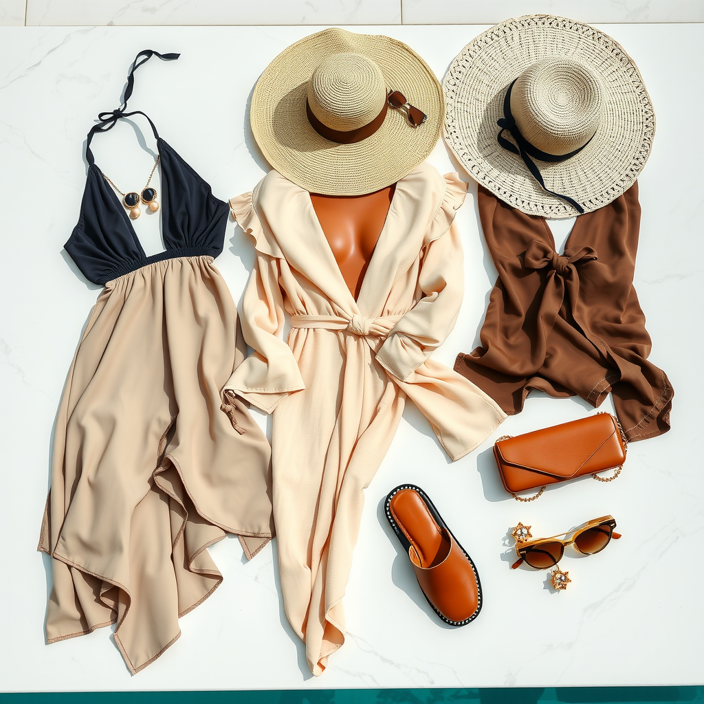 Sophisticated poolside fashion display featuring designer swimwear, flowing cover-ups in neutral tones, luxury sunglasses, wide-brimmed straw hat, leather slides, and elegant accessories arranged on white marble surface with gold accents