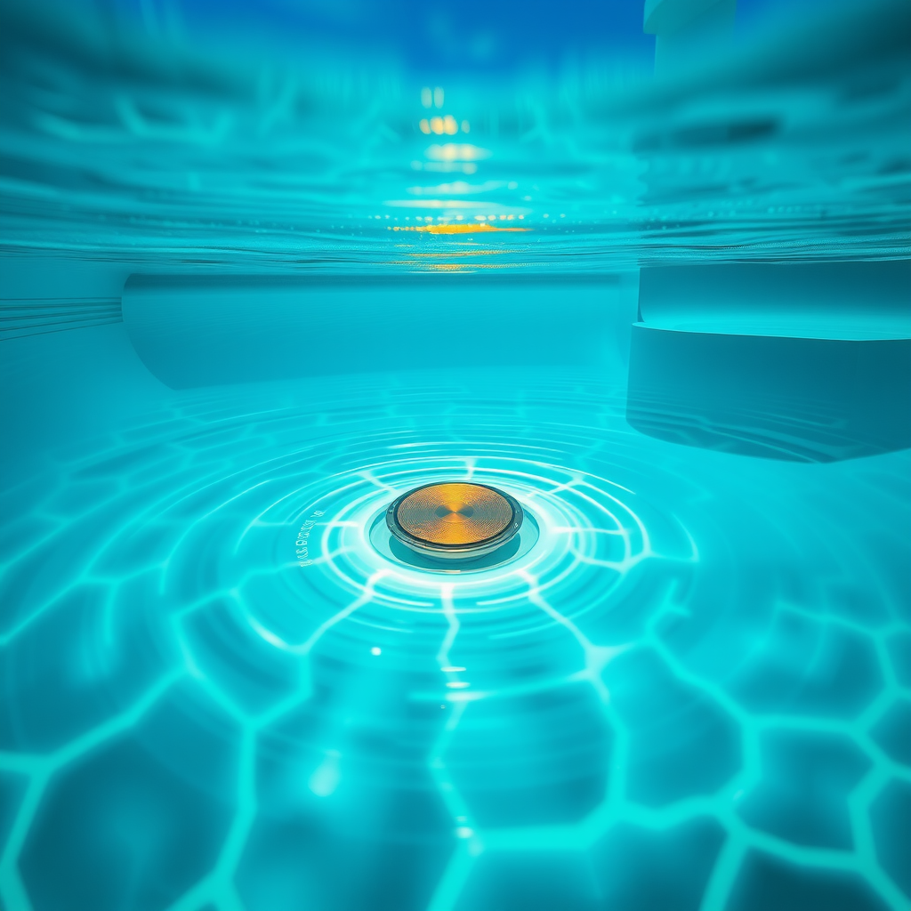 Underwater speakers installed in luxury infinity pool, creating ripples and sound waves visible in crystal-clear turquoise water, modern pool design with LED lighting, evening ambiance with soft glow