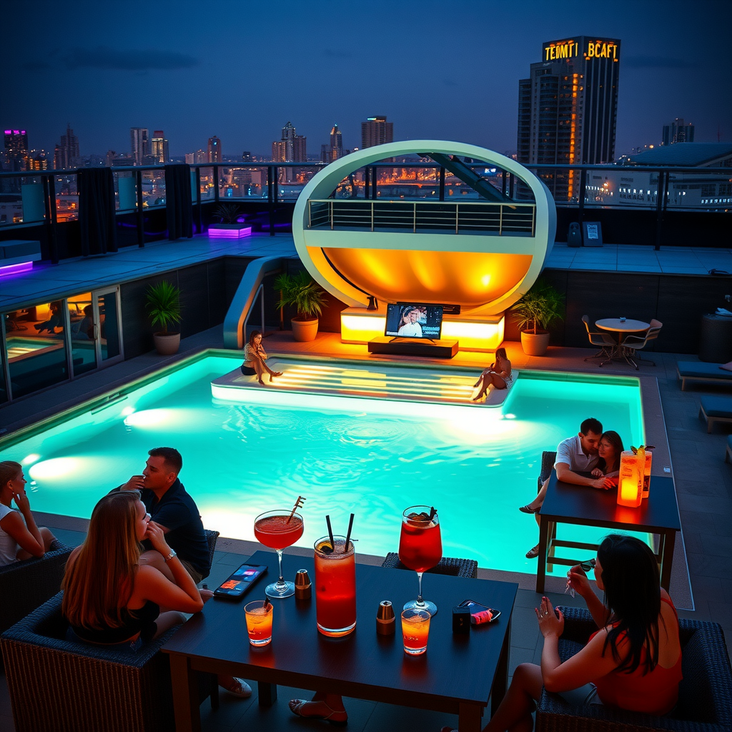 Lively summer evening at a rooftop pool lounge with guests socializing around the illuminated pool, colorful cocktails on tables, DJ booth in background, and warm ambient lighting creating a festive atmosphere