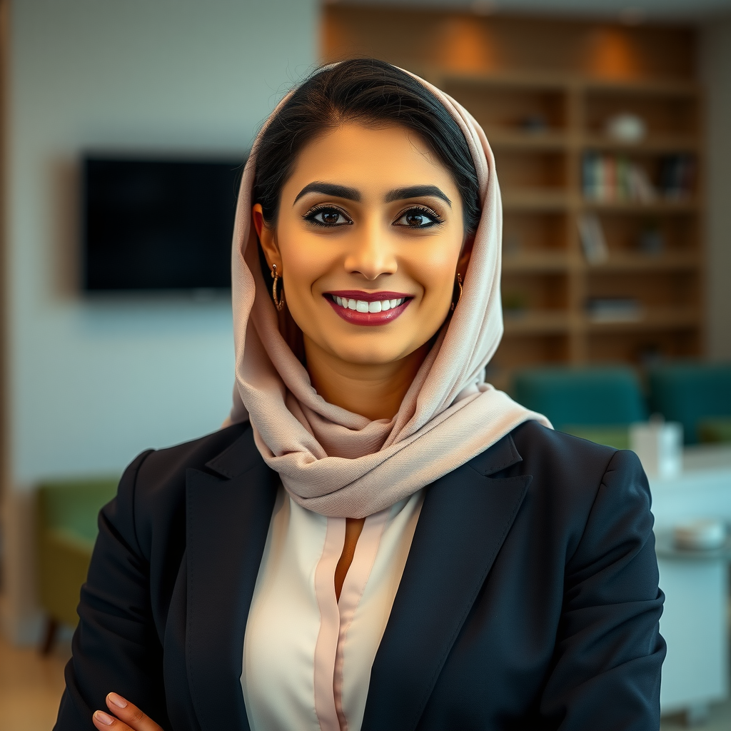 Portrait of Layla Al-Mansoori, Guest Relations Director, elegant woman with welcoming smile in professional attire