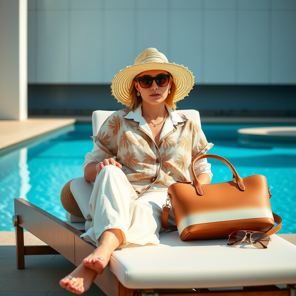 Stylish poolside scene with elegant resort wear, designer sunglasses, luxury beach bag, and sophisticated accessories arranged on premium lounge chair