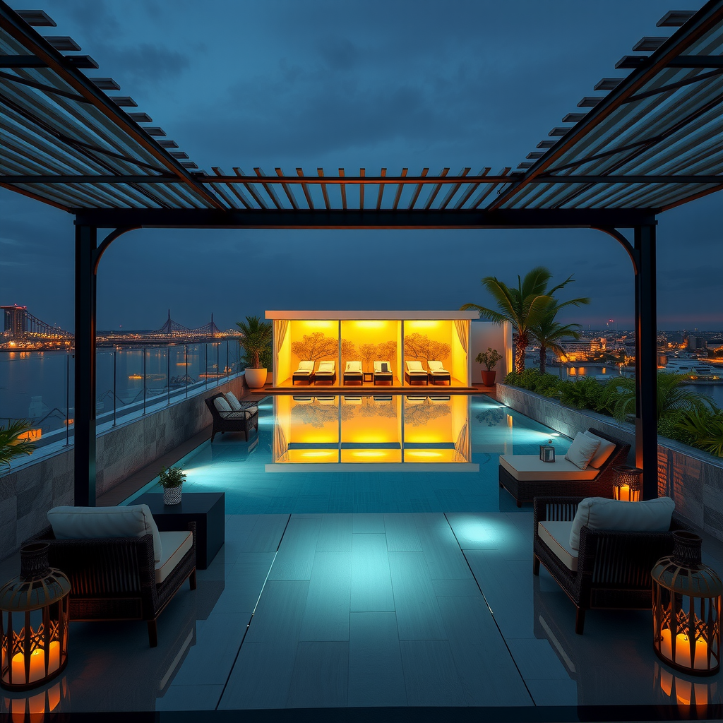Luxurious rooftop pool lounge area with private cabanas, ambient golden lighting, comfortable designer seating arrangements, and tropical plants creating an intimate atmosphere