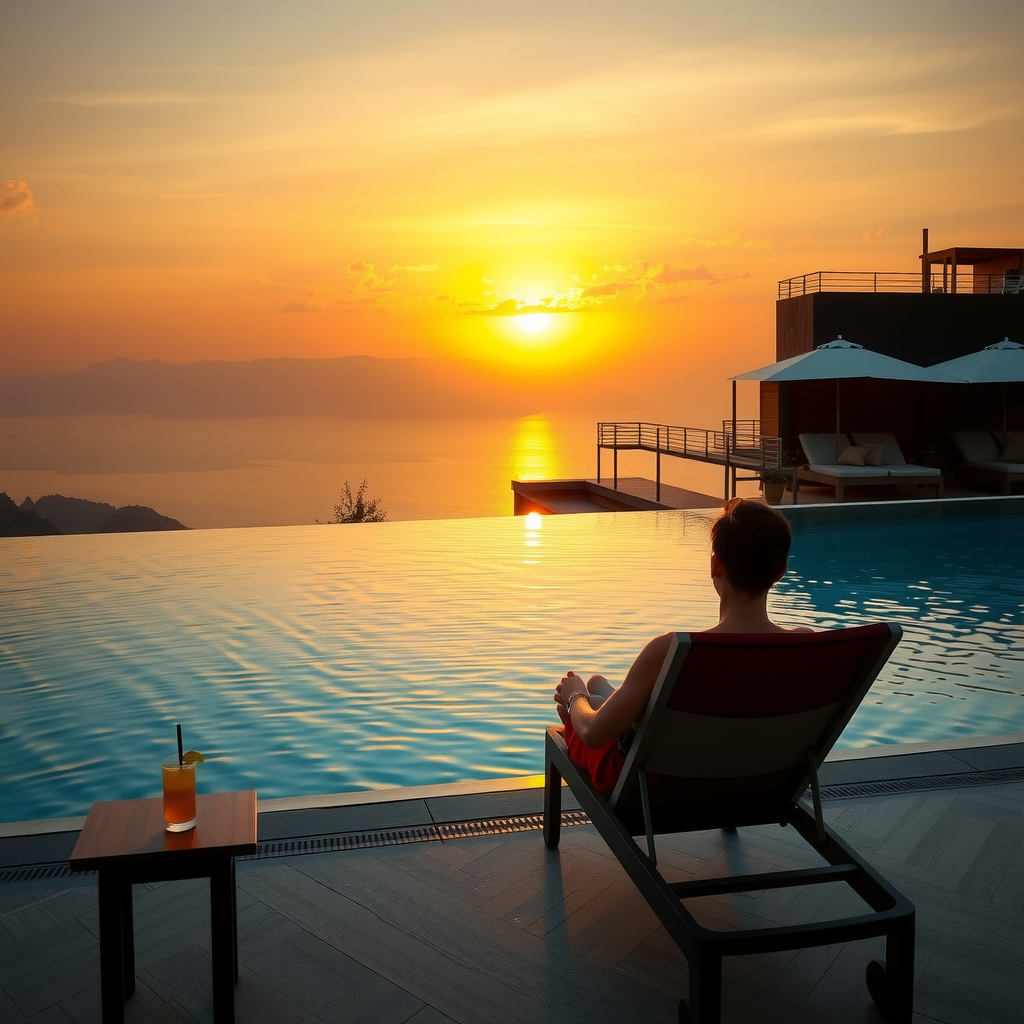 Person relaxing on luxury lounge chair at infinity pool edge, facing west toward setting sun, silhouette against golden sky, cocktail on side table, peaceful atmosphere, high end rooftop setting