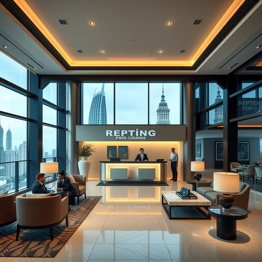 Elegant rooftop pool lounge reception area with modern check-in desk, sophisticated waiting area with plush seating, floor-to-ceiling windows showing city views, and professional staff in crisp uniforms welcoming guests