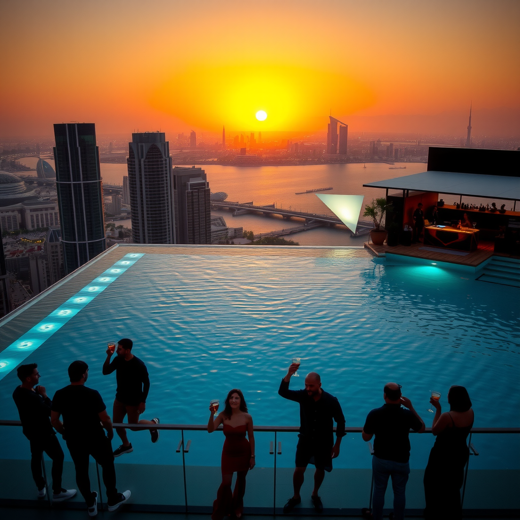 Stunning sunset view from rooftop infinity pool, golden hour lighting reflecting on water surface, silhouettes of guests enjoying cocktails, DJ booth with warm ambient lighting, Dubai cityscape glowing in background