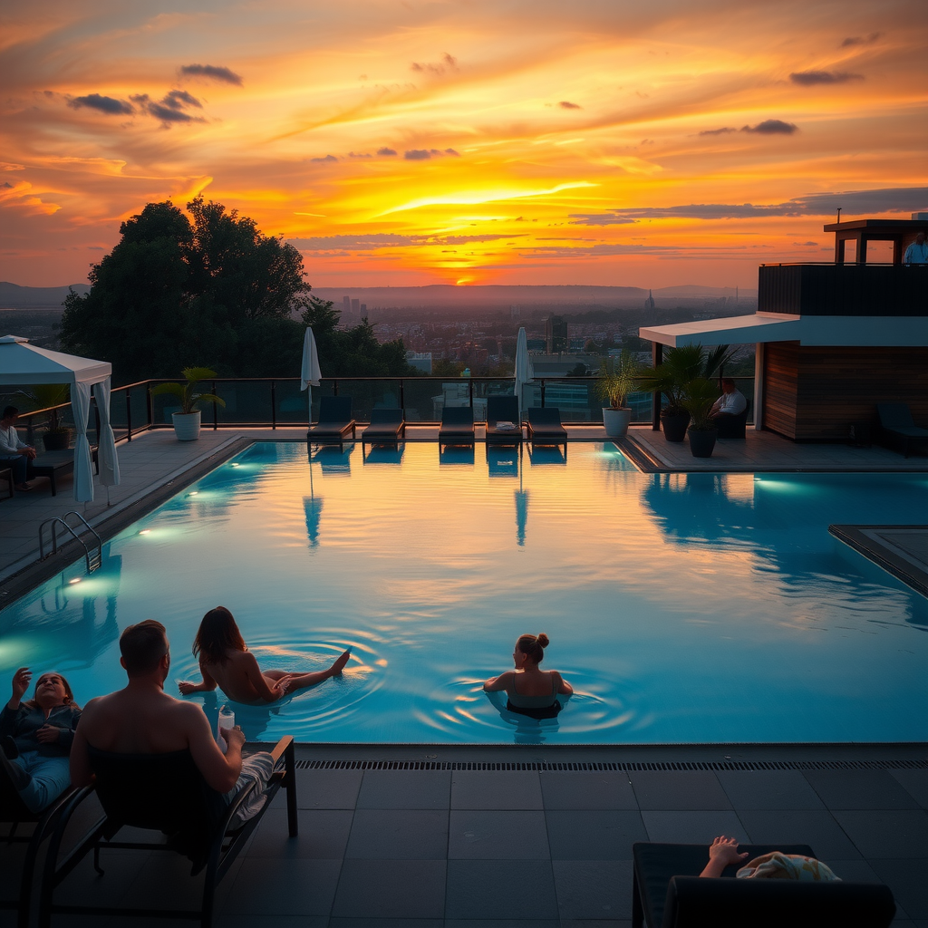 Serene autumn evening at a rooftop pool with warm golden lighting, fewer guests enjoying the tranquil atmosphere, comfortable temperatures evident from light wraps on lounge chairs, and a spectacular sunset painting the sky in deep oranges and purples