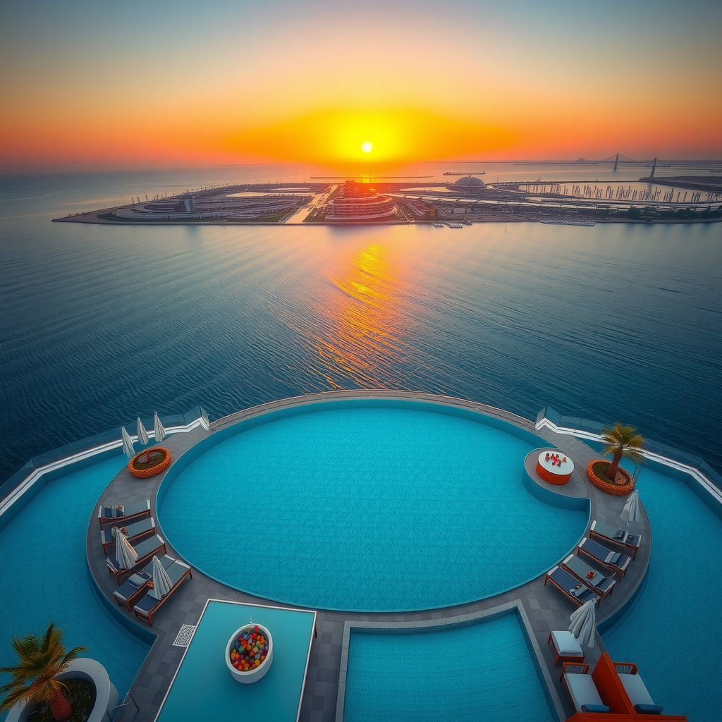 Stunning aerial view of Sky Pool Aura Lounge infinity pool at sunset, water seamlessly blending with Arabian Gulf horizon, luxury loungers arranged around pristine pool deck