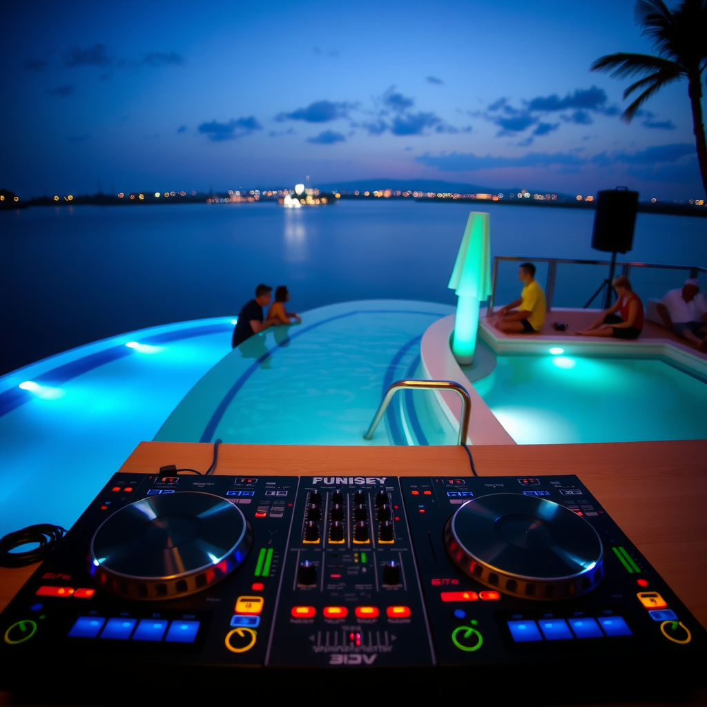 Live DJ performing at infinity pool lounge with turntables, ambient lighting, people enjoying music by the water, and vibrant evening atmosphere