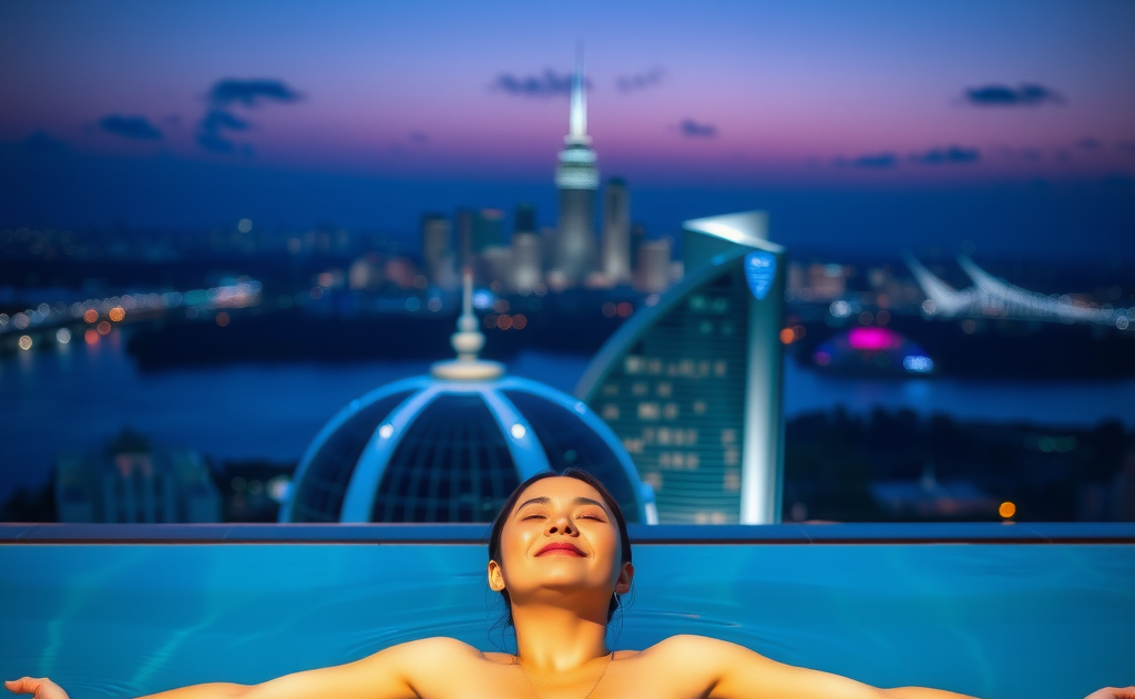 Person relaxing peacefully in infinity pool with serene expression, arms outstretched, city skyline illuminated in background during blue hour with purple and blue tones in the sky