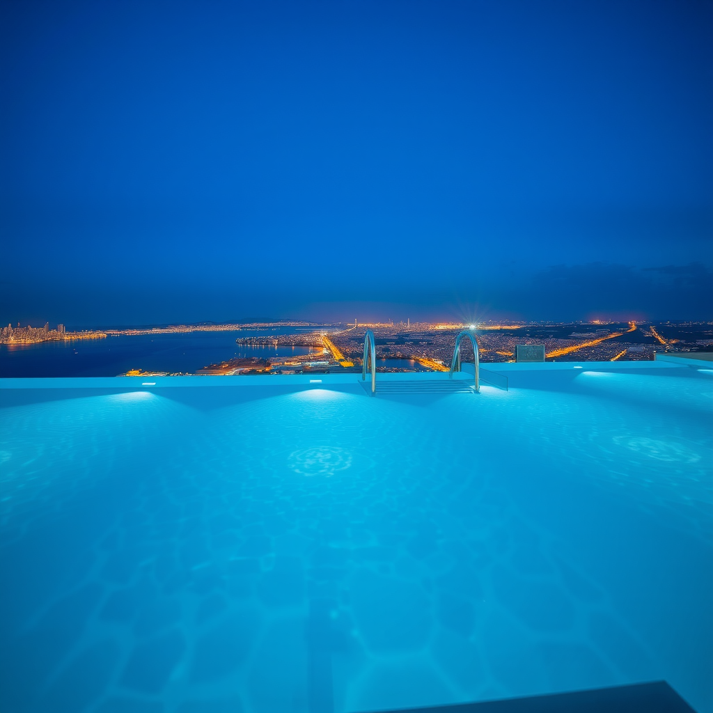 Infinity pool during blue hour, deep blue twilight sky, pool lights glowing underwater, city lights twinkling in background, elegant atmosphere, luxury rooftop setting, romantic ambiance
