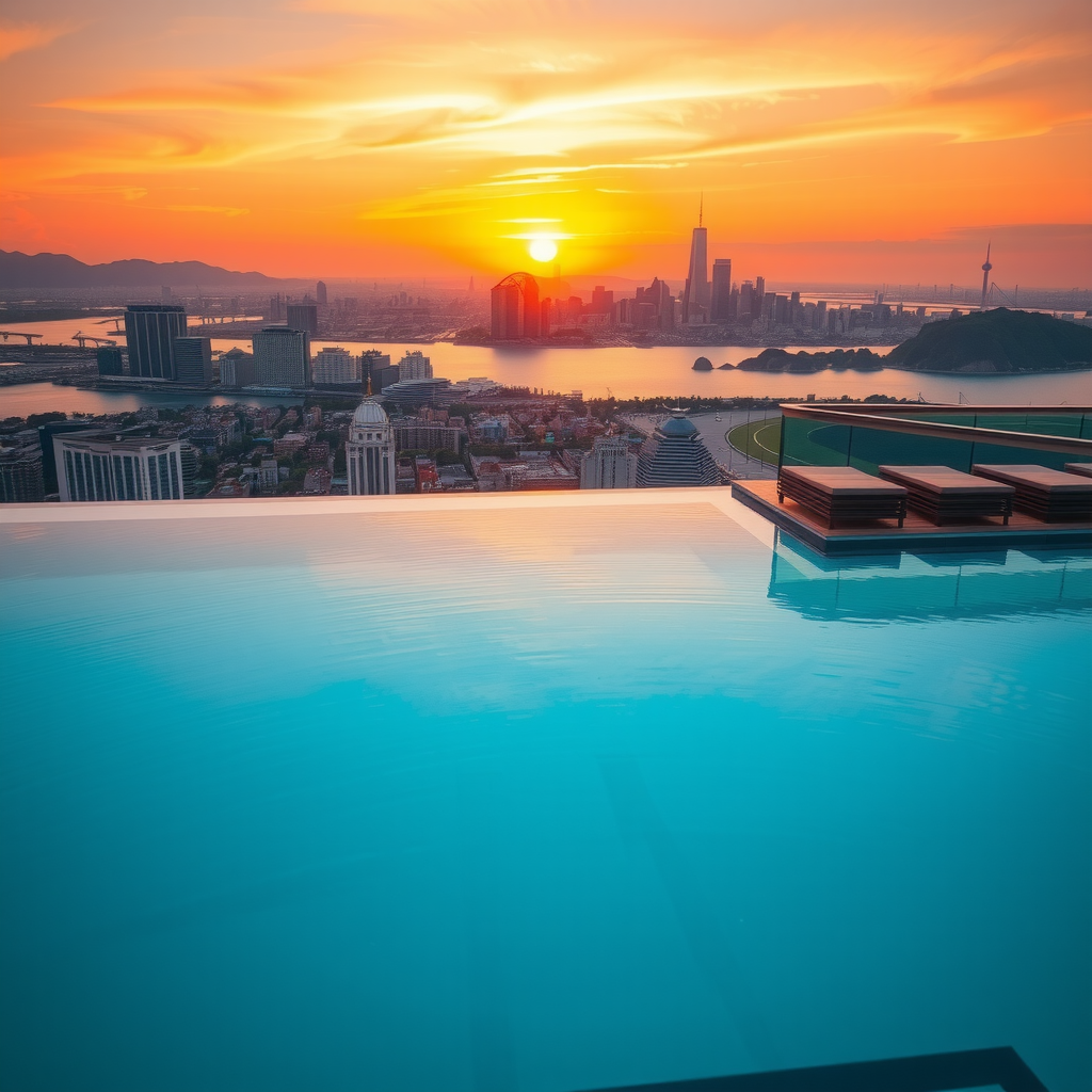 Breathtaking infinity pool edge at golden hour with pristine turquoise water reflecting orange and pink sunset sky, silhouettes of elegant loungers, and panoramic city skyline in the distance creating a serene and luxurious atmosphere
