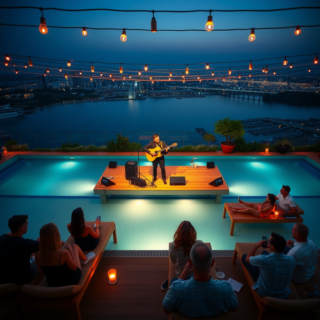 Intimate live acoustic performance at rooftop pool lounge, solo guitarist on small stage with warm lighting, guests seated on luxury loungers around infinity pool, evening atmosphere with string lights and candles
