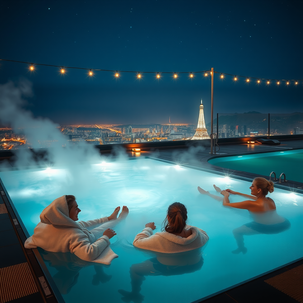 Atmospheric winter evening scene at a heated rooftop infinity pool with steam rising from the warm water, guests wrapped in plush robes relaxing in the pool, string lights creating a cozy ambiance, and a clear starry sky above the city lights