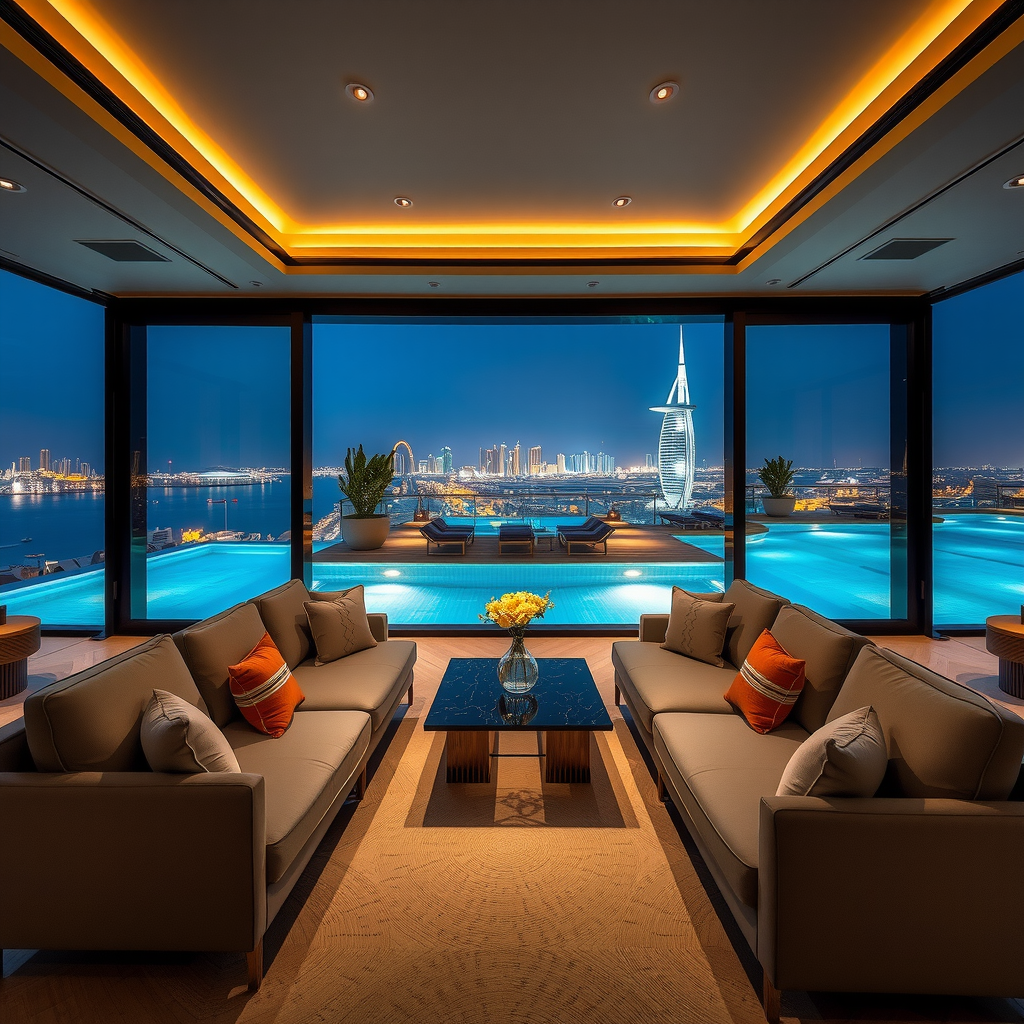 Elegant lounge area at Sky Pool Aura Lounge with plush seating, ambient lighting, and sophisticated decor overlooking the infinity pool and Dubai skyline