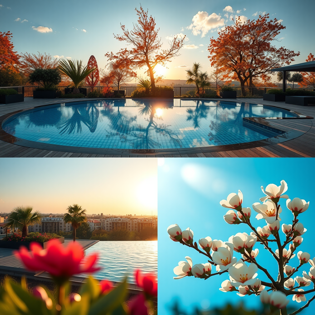 Collage showing aura sky pool across four seasons - summer sunshine, autumn leaves, winter evening lights, and spring blossoms with changing atmospheres
