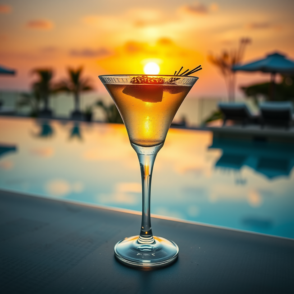Elegant cocktail glass on poolside table during sunset, golden light reflecting through drink, infinity pool and sunset sky blurred in background, luxury presentation, garnish details, sophisticated atmosphere