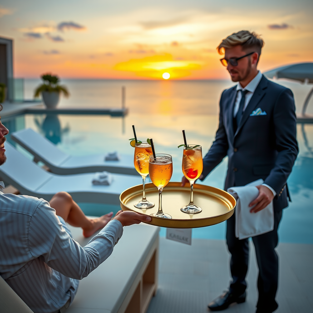 Attentive poolside service staff delivering elegant cocktails on a gold tray to guests relaxing on premium white loungers, with infinity pool and sunset sky in background, exemplifying sophisticated hospitality and luxury experience