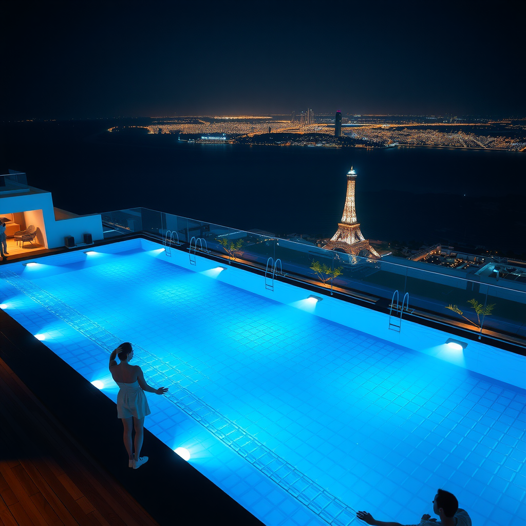 Nighttime rooftop infinity pool with sophisticated lighting design, underwater LED lights creating blue glow, modern speaker system integrated into pool architecture, guests enjoying evening atmosphere with city lights twinkling in distance