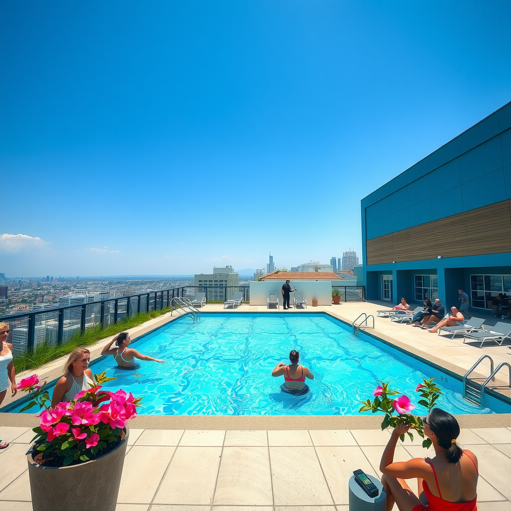 Fresh spring afternoon at a rooftop pool with clear blue skies, comfortable temperatures allowing guests to enjoy both sun and shade, blooming plants in decorative planters around the pool deck, and a relaxed mid-season crowd enjoying the pleasant weather
