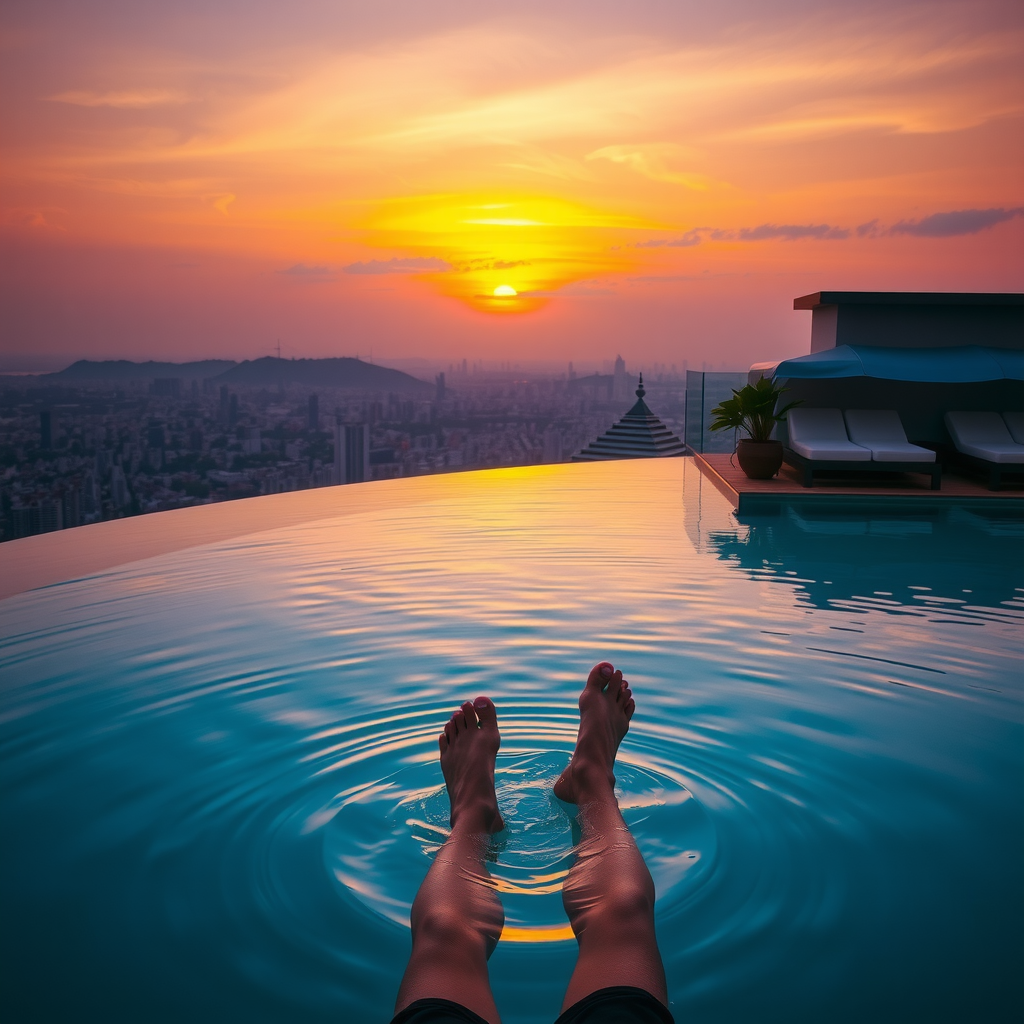 Peaceful scene of person sitting at infinity pool edge with legs in water, watching final moments of sunset, contemplative pose, serene atmosphere, golden and purple sky, luxury rooftop environment
