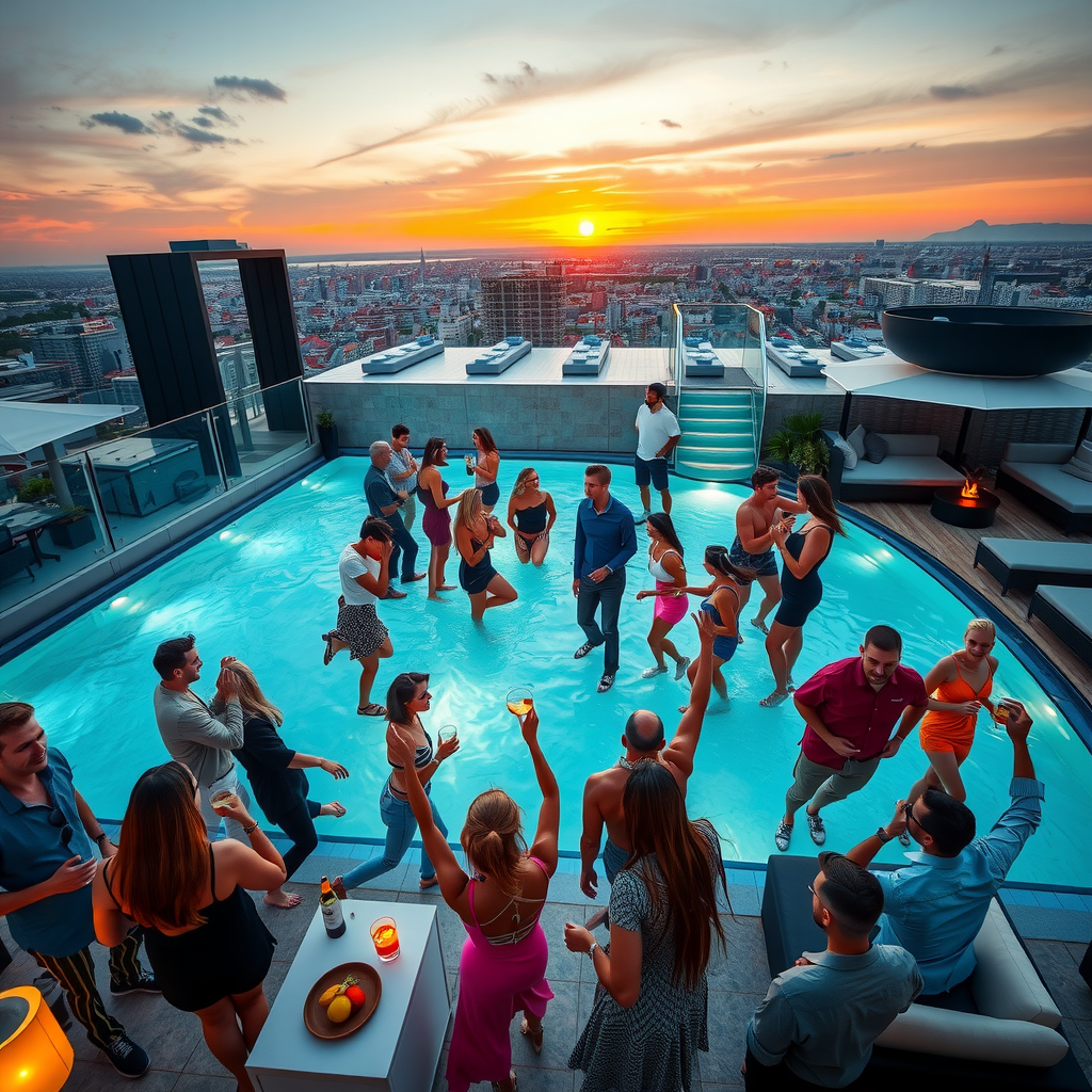 Vibrant social scene at luxury rooftop pool, diverse groups of guests mingling and dancing near infinity pool edge, DJ creating energetic atmosphere, sunset cocktails, modern lounge furniture, celebratory mood with raised glasses