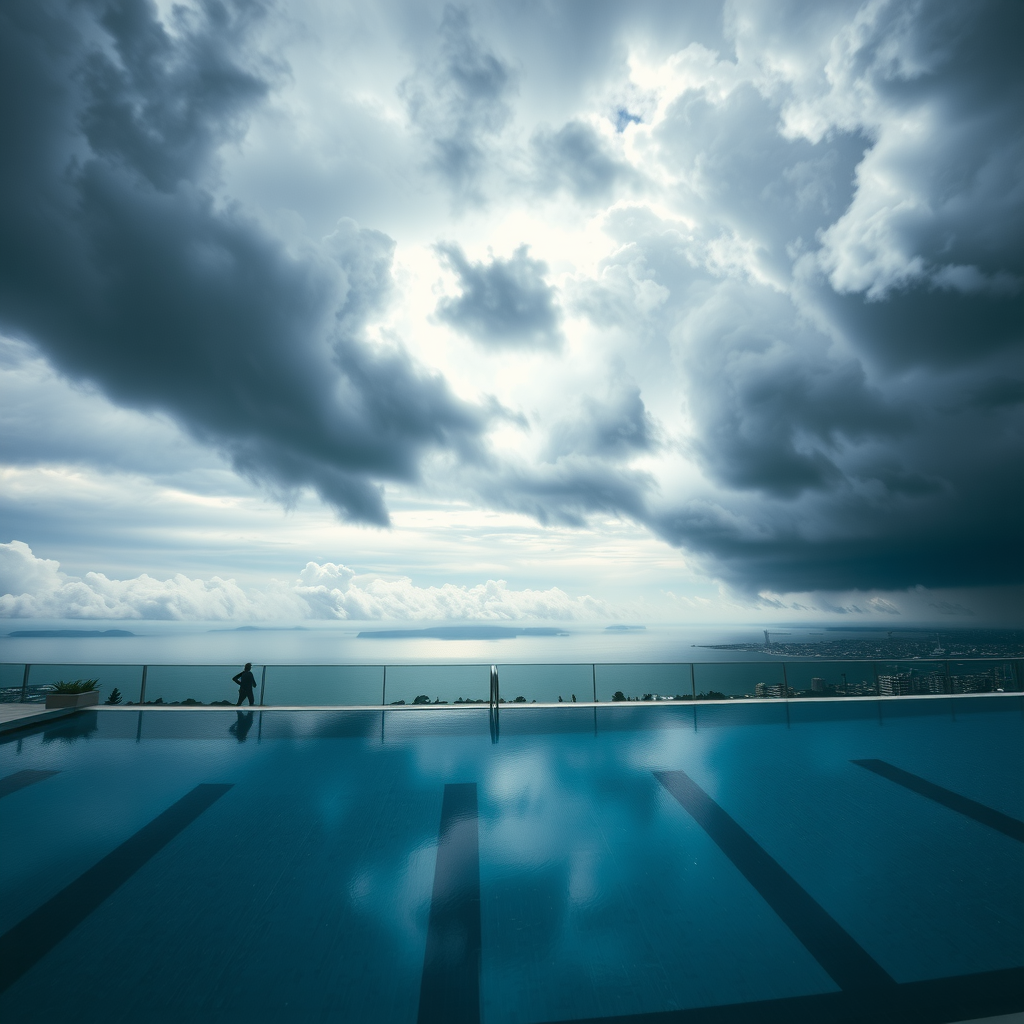 Dramatic cloudy sky over a rooftop infinity pool creating moody atmospheric lighting, with the pool water reflecting the grey and silver clouds, showing how overcast conditions can create a different but equally beautiful ambiance