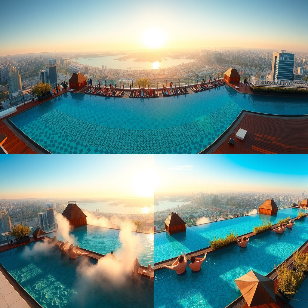 Artistic collage showing the same rooftop infinity pool across four seasons: summer with bright sun and crowds, autumn with golden light and fewer guests, winter with steam rising from heated water, and spring with fresh blooms and moderate activity